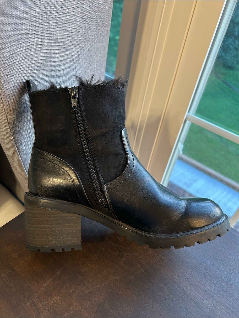 Women's Black Faux-Suede & Leather Chunky Heel Ankle Boots, Size 8.5